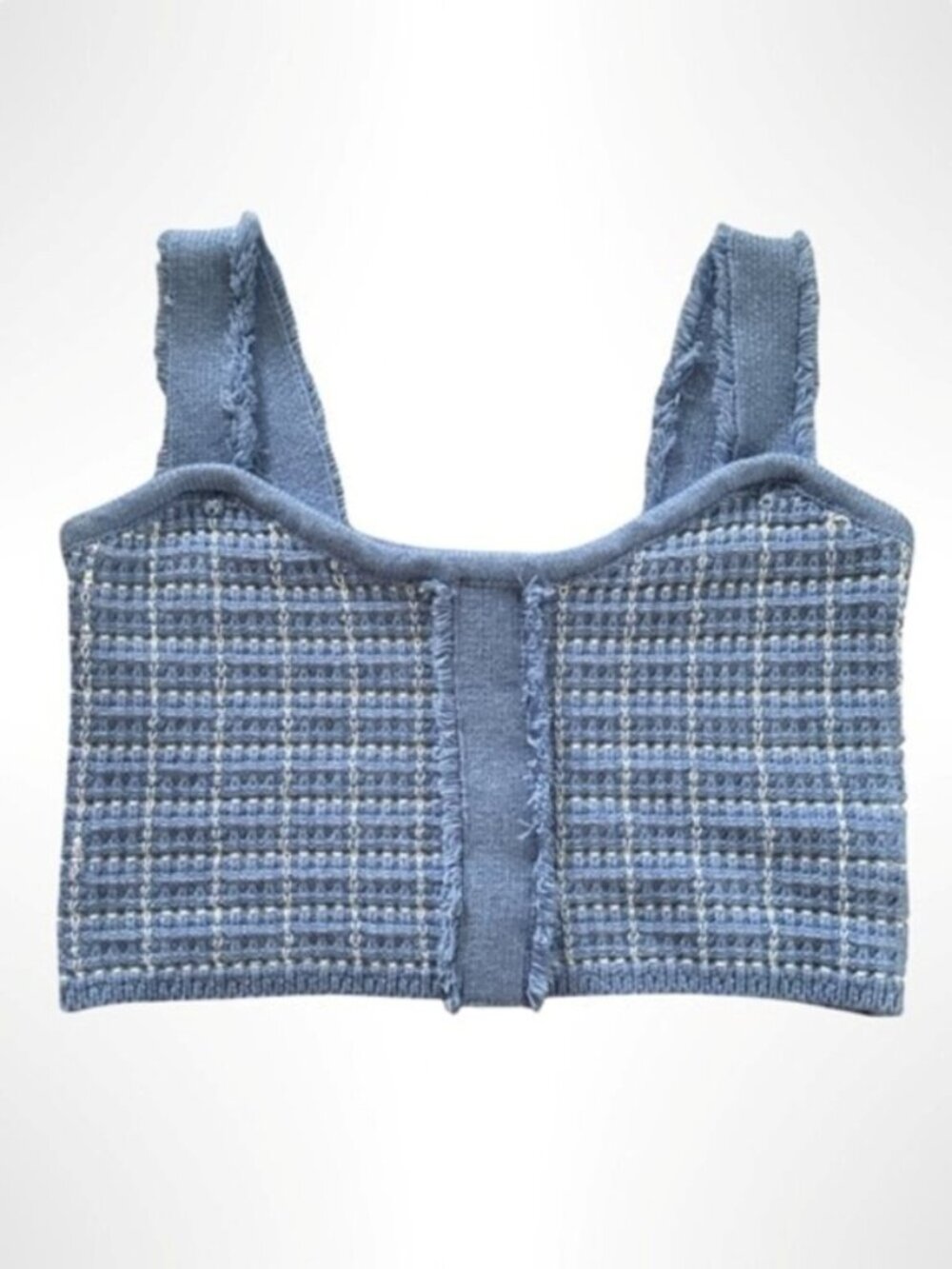 DREAMERS BY DEBUT Cropped Knit Tank Top Frayed Detail Blue White Size S NWT